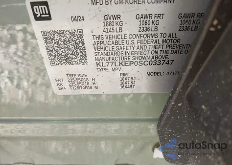 2025 Chevrolet Trax Fwd Activ from USA, damaged, VIN KL77LKEP0SC033747